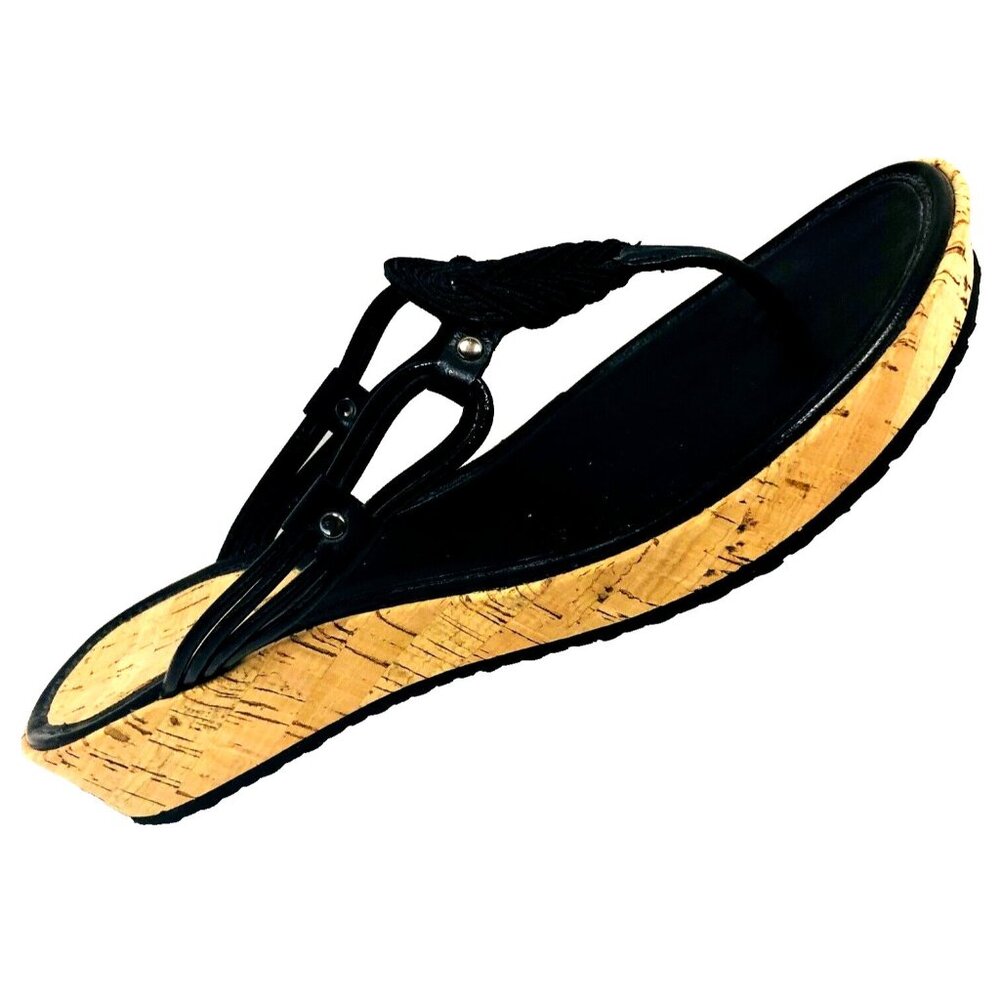 COLE HAAN Womens Thong Sandals Black Strappy Cork Wedge Beach Coastal 10B